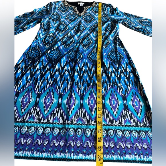 CHICO'S Embellished Neckline Lexi Blue Midi Dress Beaded V-Neck Size M / 12 Ikat - Picture 6 of 11